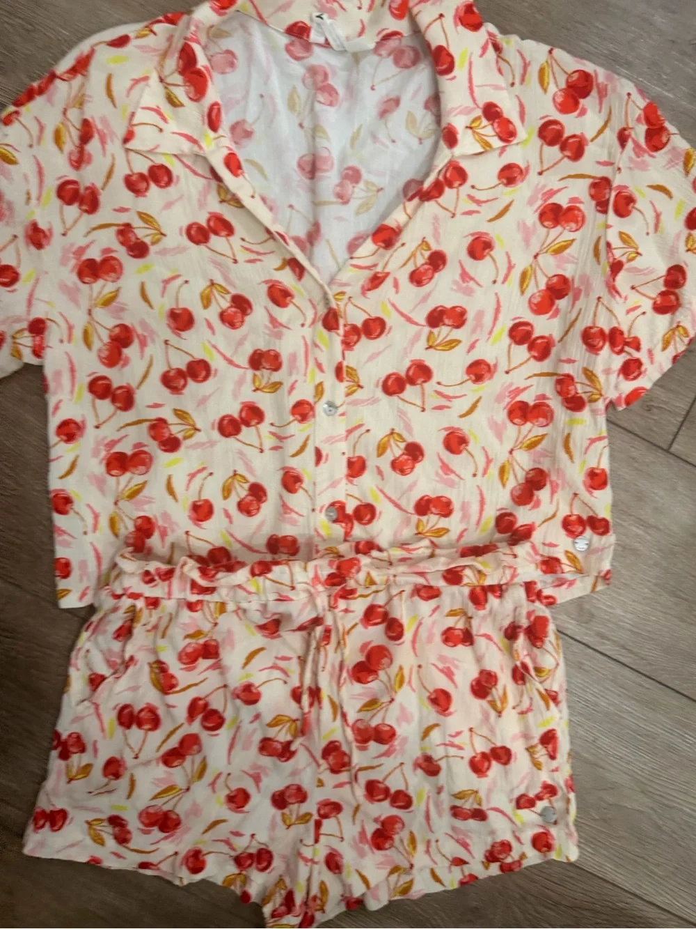 roxy Cherry on Top Print Pink Short-Sleeve Button Front Top and Shorts 0509